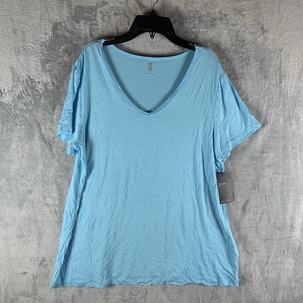 Ideology Womens L‎ Top V Neck T Tee Shirt Butterfly Blue Loose Fit Short Sleeve